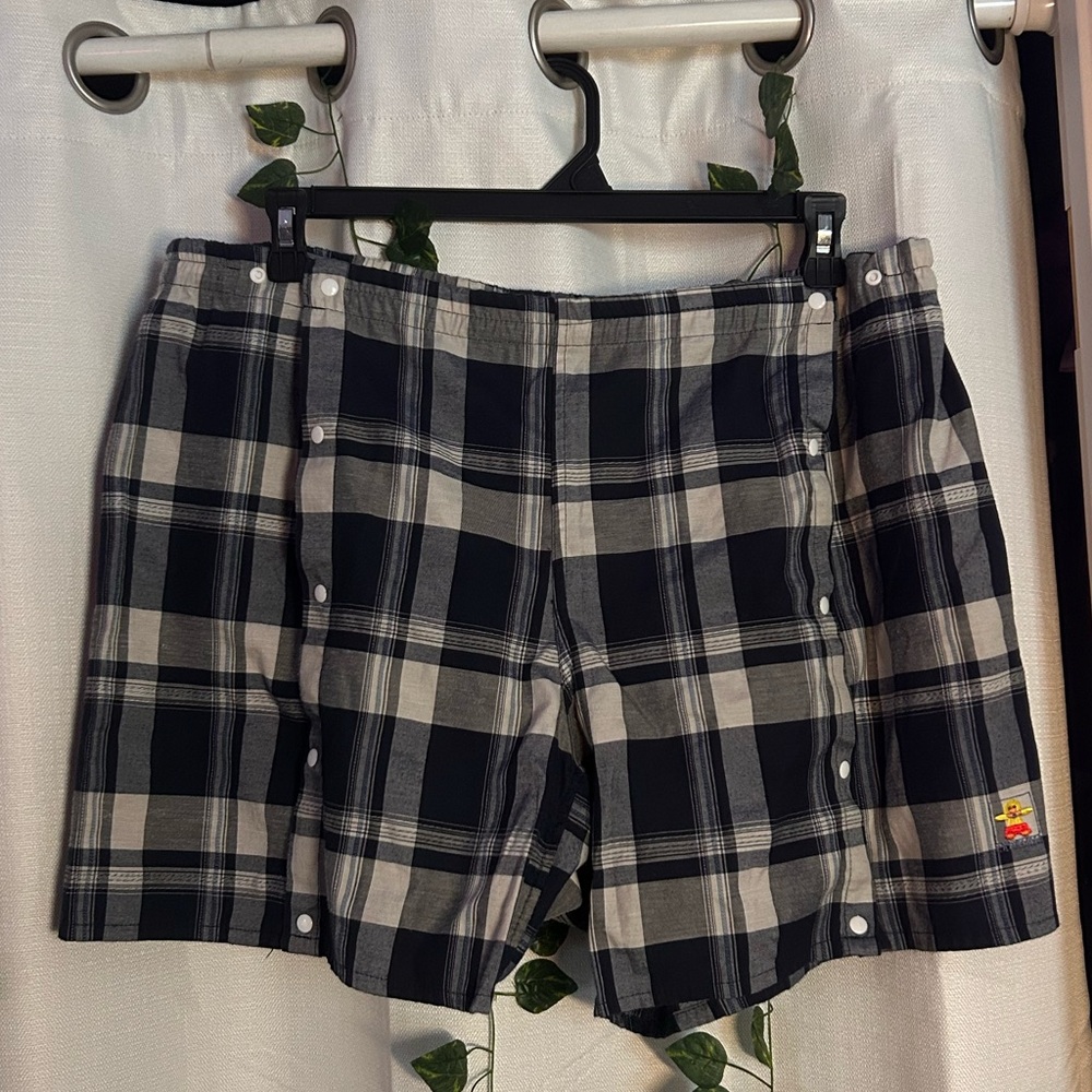 plaid button-up shorts with embroidered duck